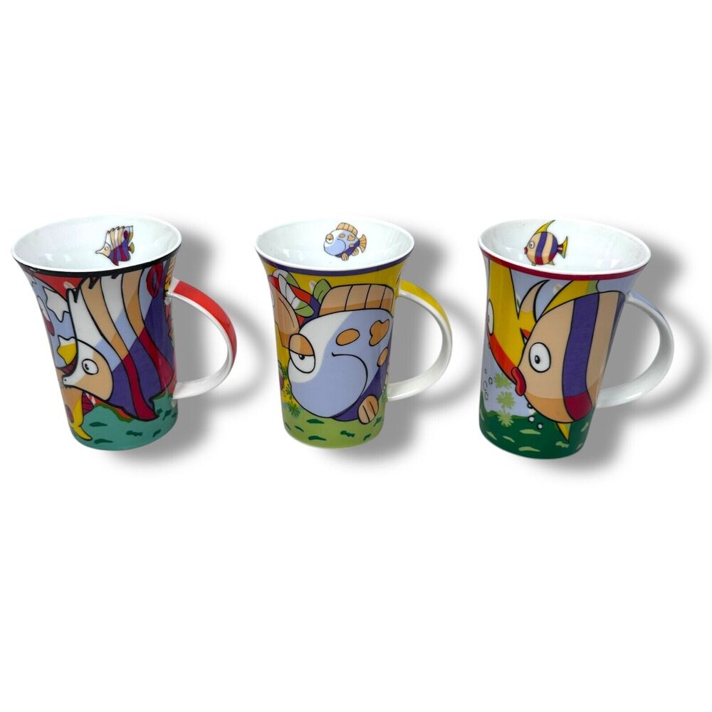 Maxwell & Williams Splash Fish Design Coffee Mug 4.2" Quality Porcelain Set of 3
